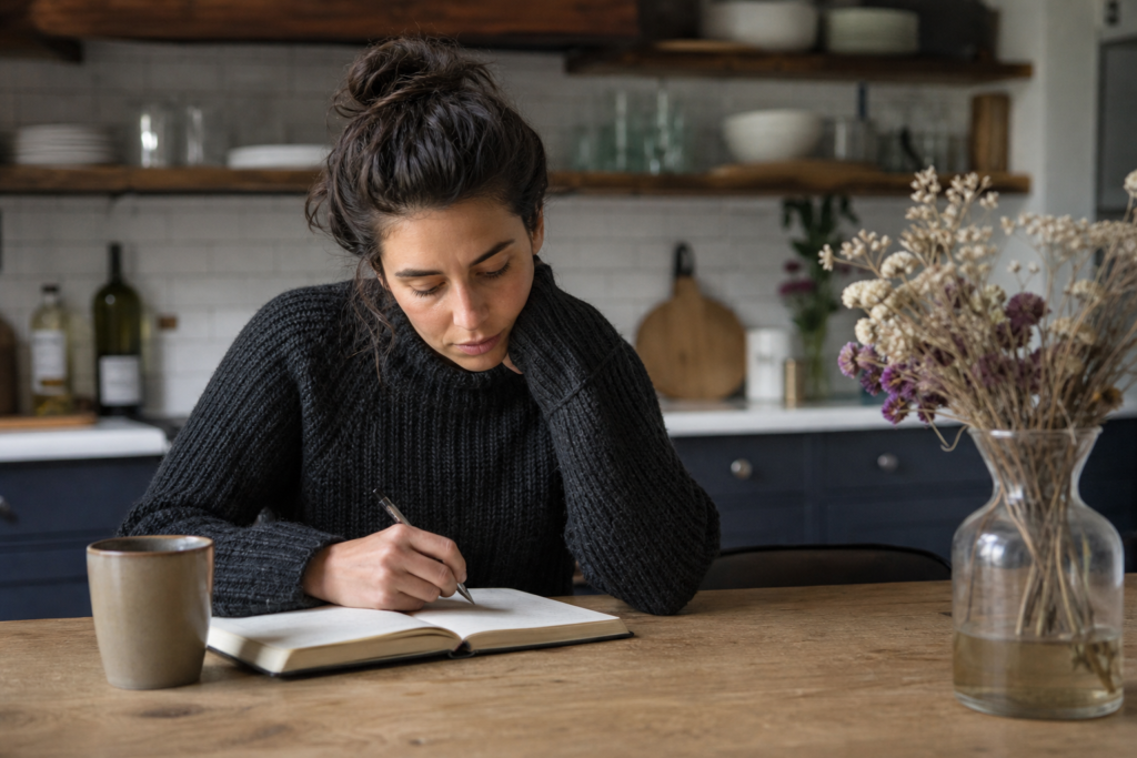 Woman writing in a journal at a kitchen table, trying to name what feels off