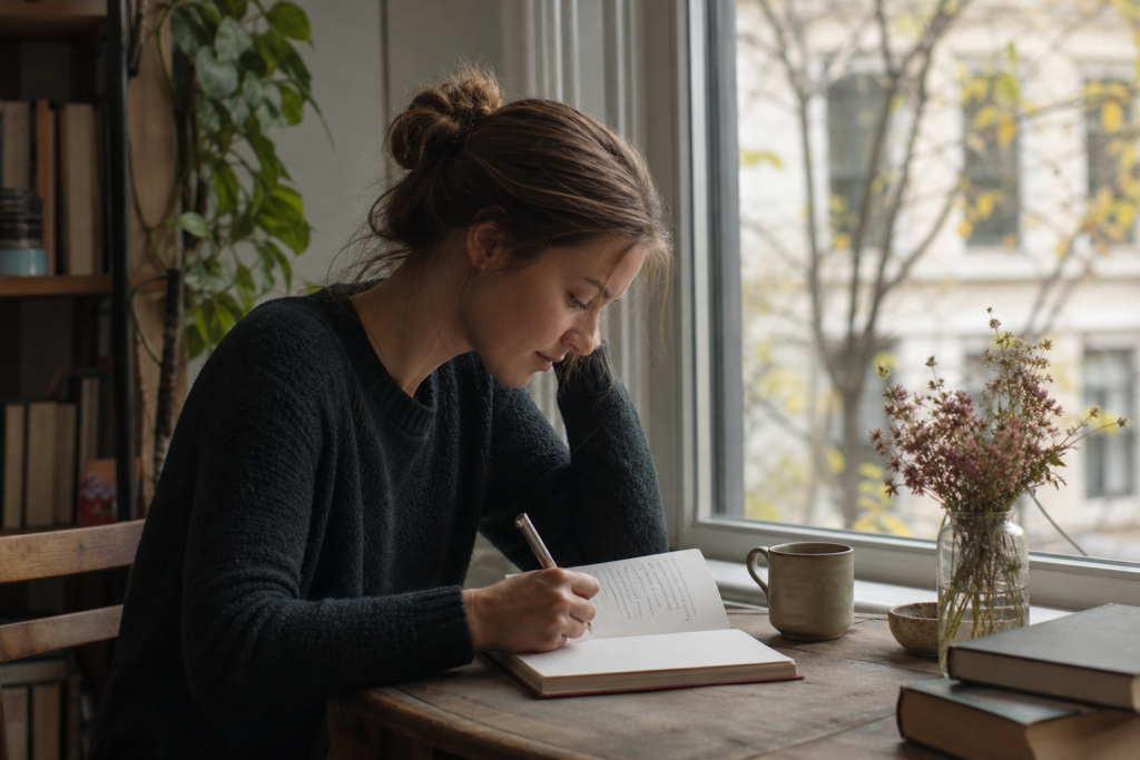 Woman writing in a journal by a window during a quiet afternoon